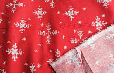 Red Cotton Fabric With White Snowflakes Christmas Fabric, Festive Fabric, Holiday Fabric